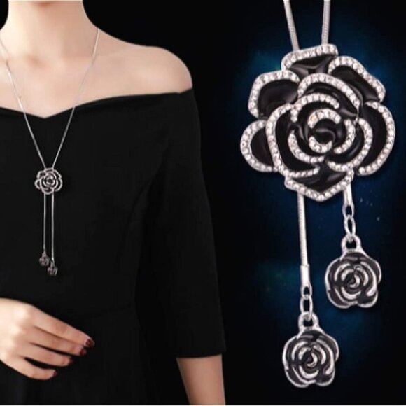 Rhinestone Black Rose Pendant Long Necklace for Women Sweater Chain Statement Ne - Picture 3 of 8